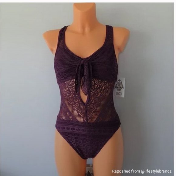 BECCA Other - Becca One Piece Tie Front Crochet Swimsuit Purple aubergine size m